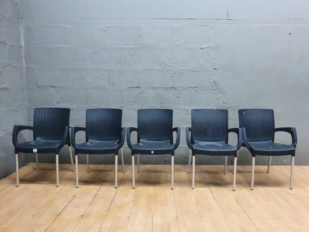 Bulk Lot of 5 Used Plastic and Metal Armchairs – Needs Cleaning, Visible Wear