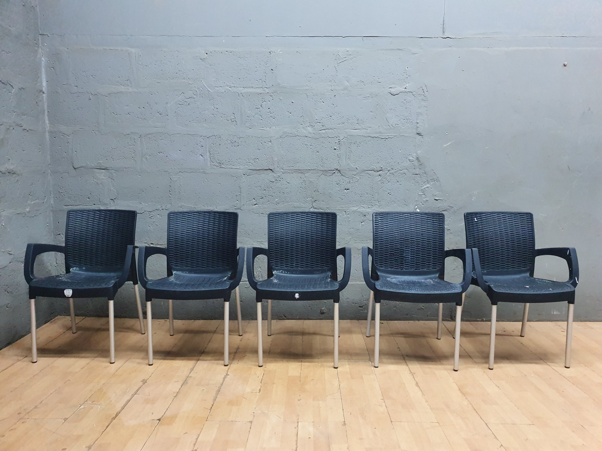 Bulk Lot of 5 Used Plastic and Metal Armchairs – Needs Cleaning, Visible Wear