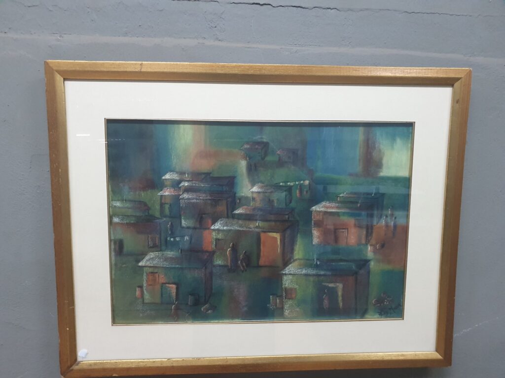 Framed Original Mixed Media Painting Signed ‘A. Mann 91’ – Abstracted Houses & Figures (58x76cm)