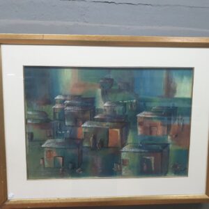 Framed Original Mixed Media Painting Signed 'A. Mann 91' – Abstracted Houses & Figures (58x76cm)