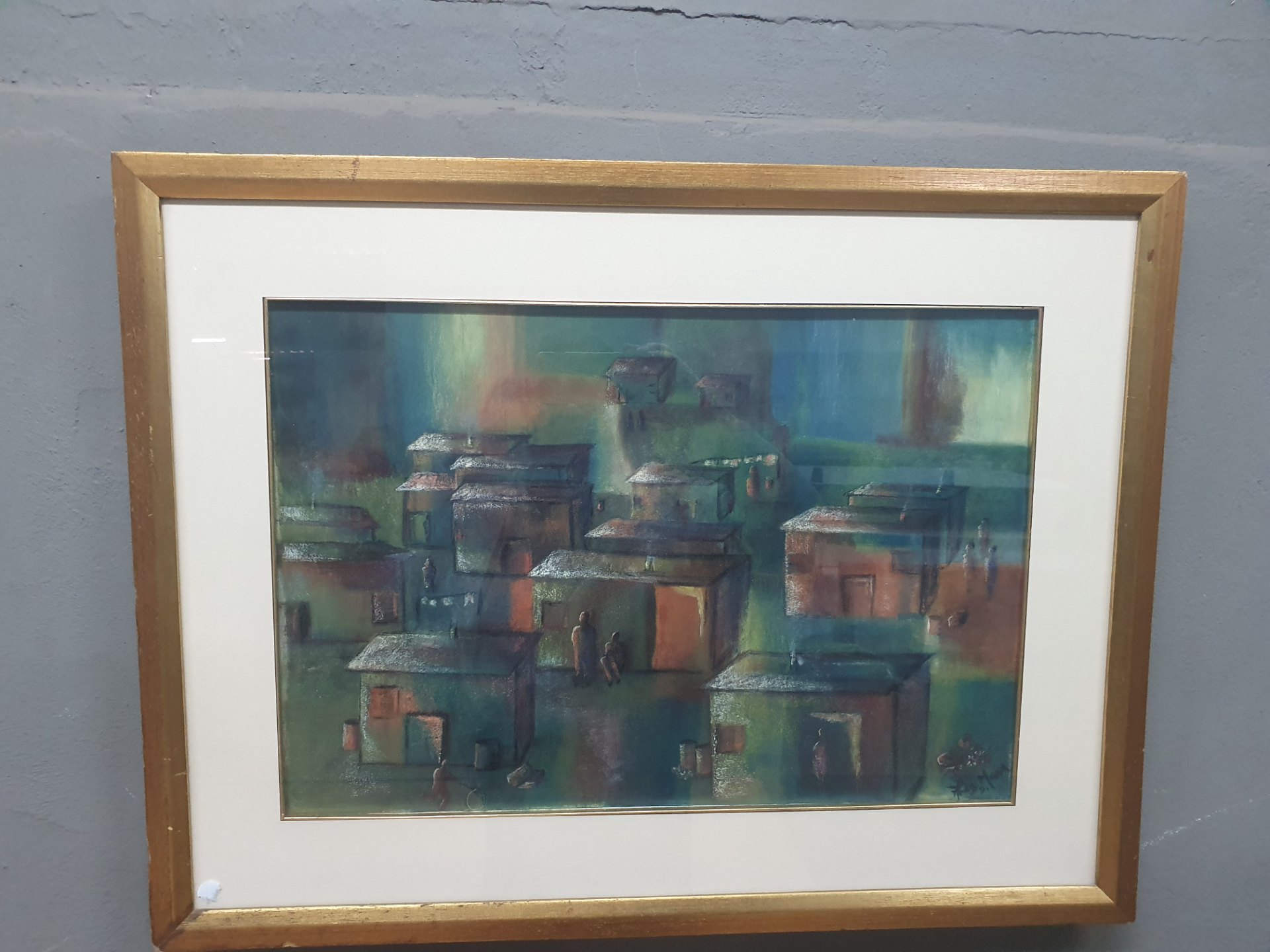 Framed Original Mixed Media Painting Signed ‘A. Mann 91’ – Abstracted Houses & Figures (58x76cm)