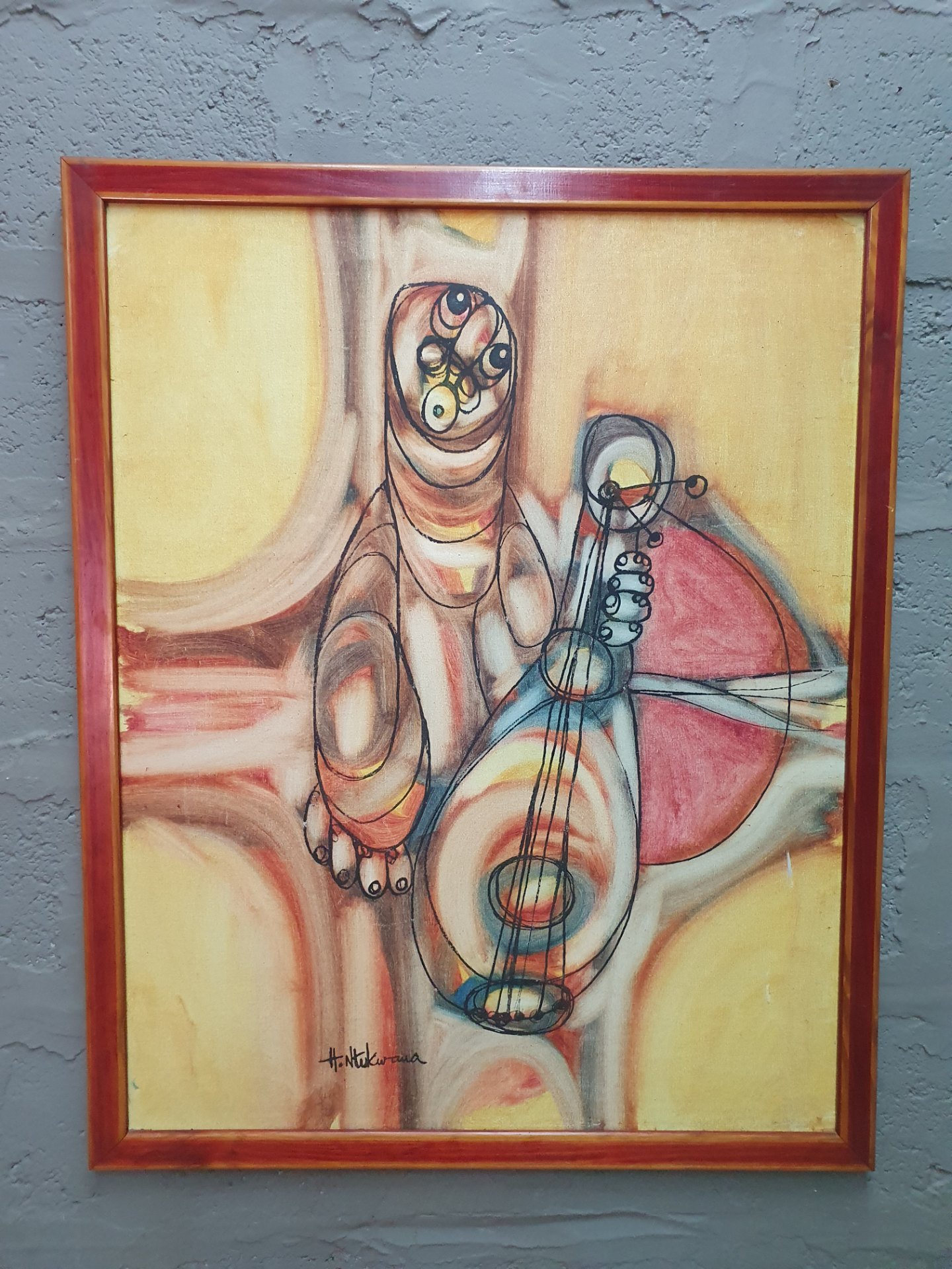 Framed Abstract Painting on Canvas Signed by H. Ntukwana (106×67 cm)