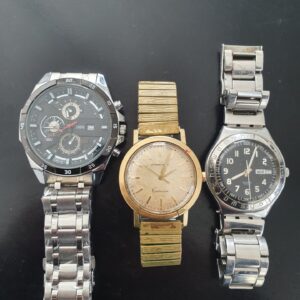 Lot of 3 wristwatches — Swatch (TRON Y back), Eterna-Matic Centenaire (gold) and large Geneva-style (mixed condition, NOT WORKING)