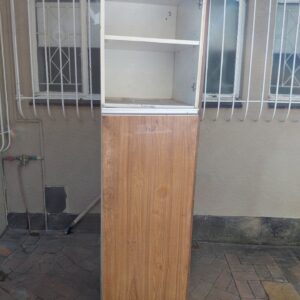Tall single-door storage cabinet (200 x 52 x 50 cm) — water-stained, back loose, door detached, needs repair