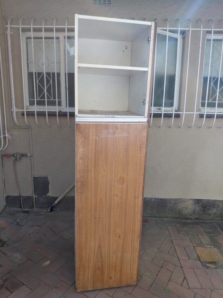 Tall single-door storage cabinet (200 x 52 x 50 cm) — water-stained, back loose, door detached, needs repair