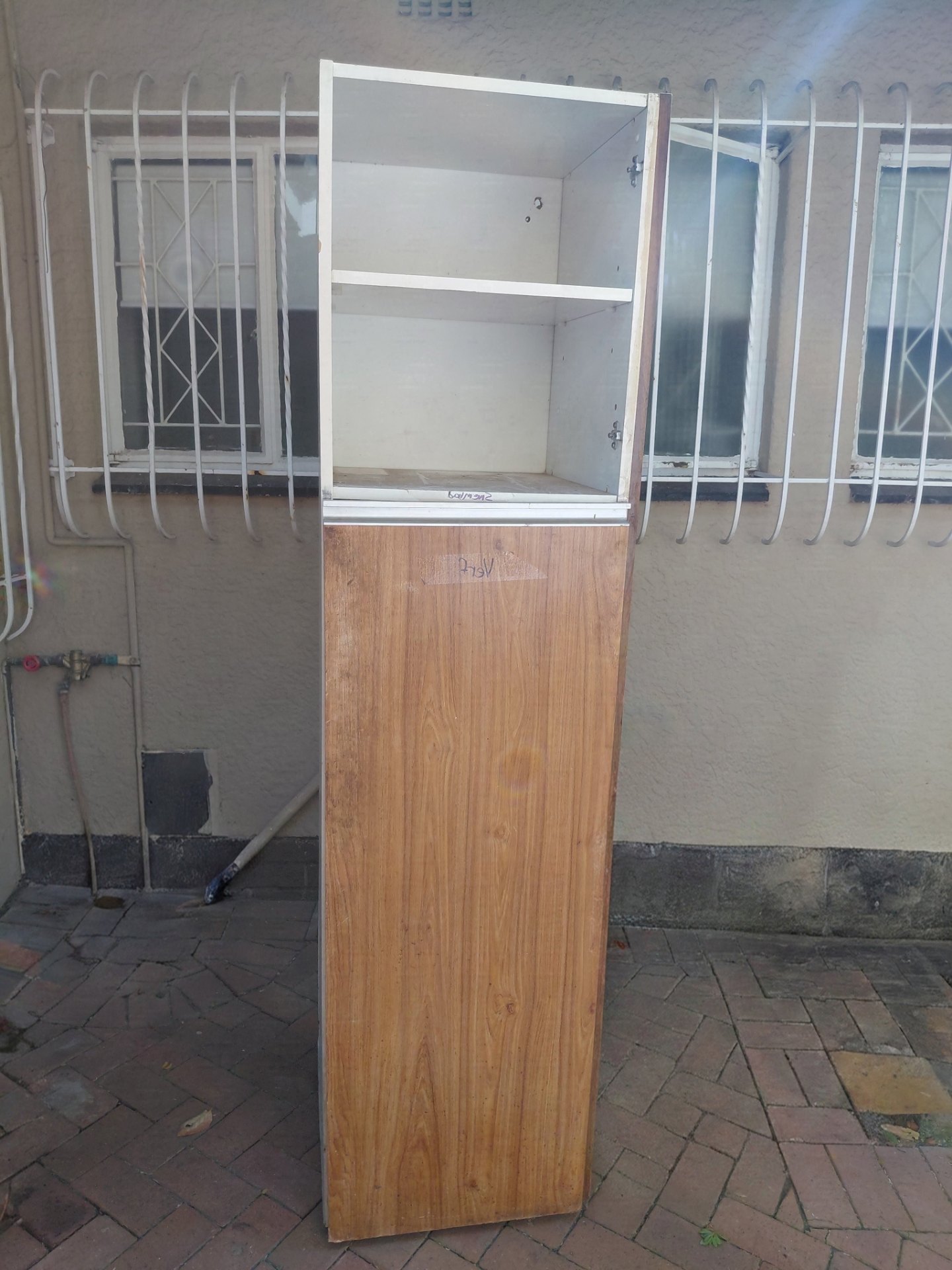 Tall single-door storage cabinet (200 x 52 x 50 cm) — water-stained, back loose, door detached, needs repair