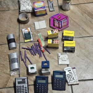Mixed Stationery Lot — Calculators, Chalk, Crayons, Label Boxes & Small Accessories