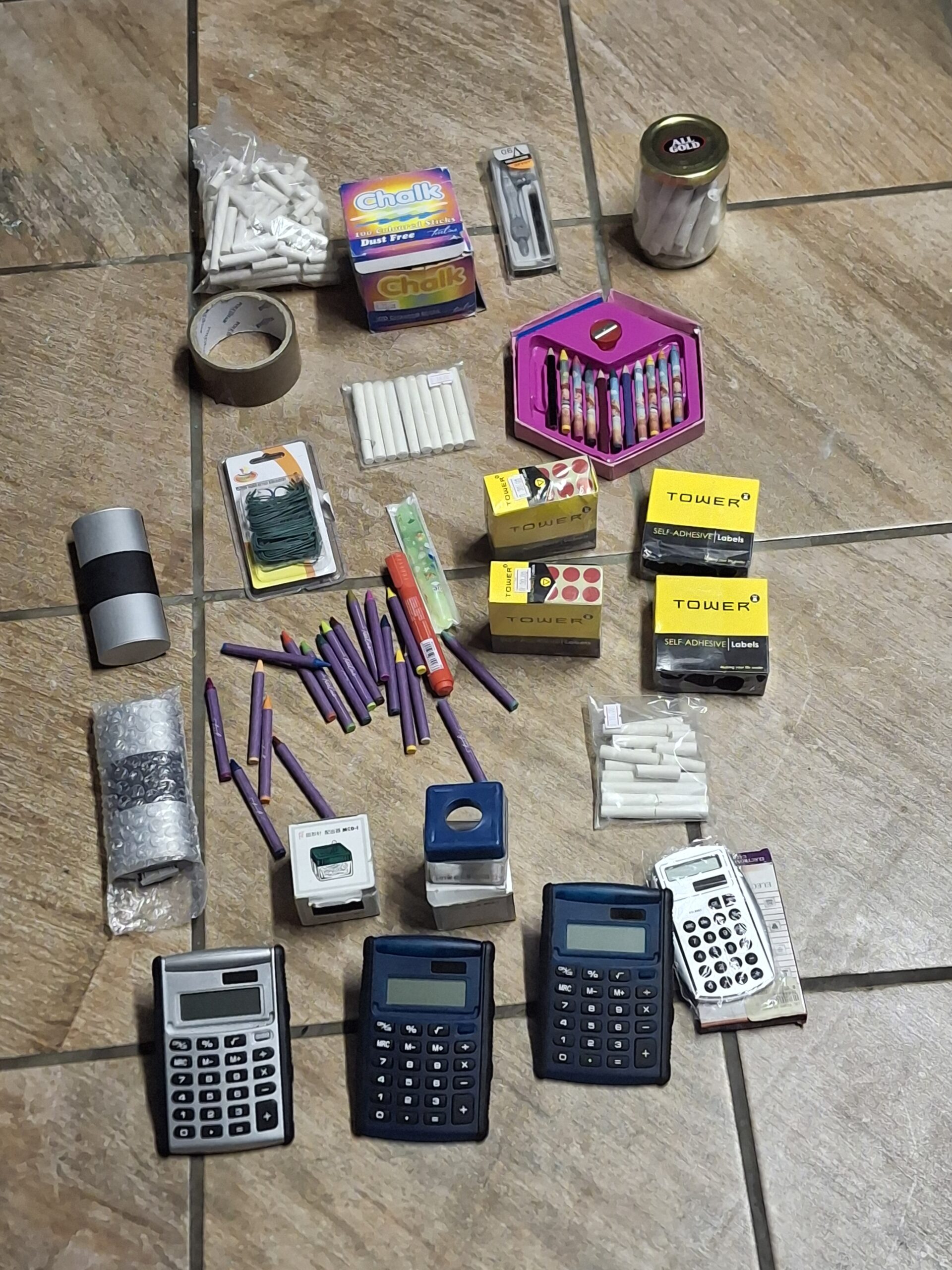 Mixed Stationery Lot — Calculators, Chalk, Crayons, Label Boxes & Small Accessories