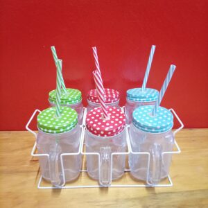 Set of 6 Mason-Style Drinking Jars with Polka-Dot Lids, Striped Straws & White Rack