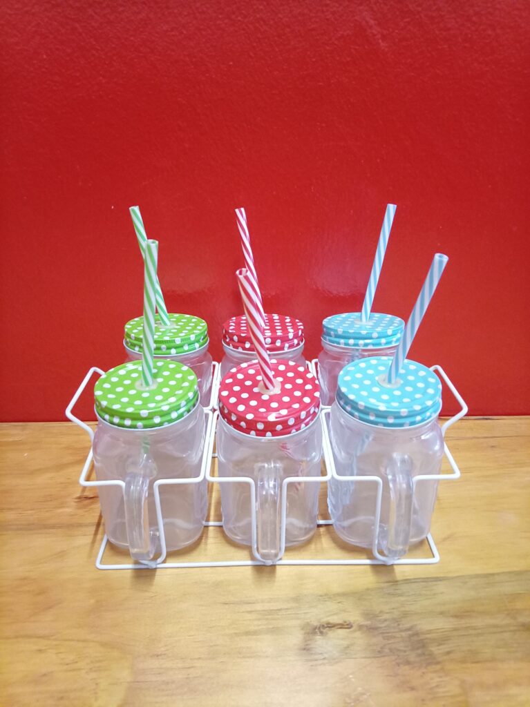 Set of 6 Mason-Style Drinking Jars with Polka-Dot Lids, Striped Straws & White Rack