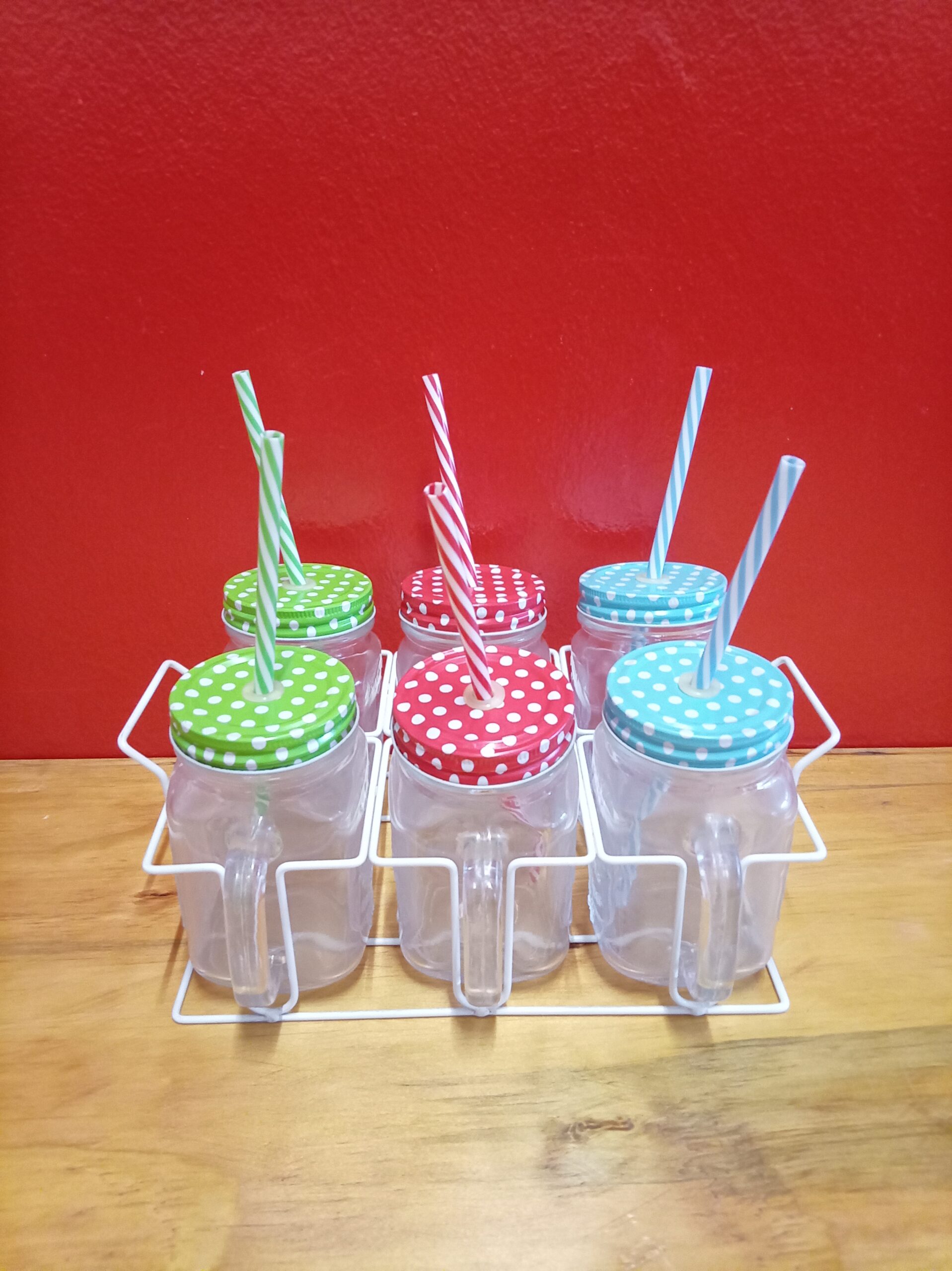 Set of 6 Mason-Style Drinking Jars with Polka-Dot Lids, Striped Straws & White Rack