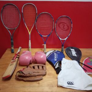 Joblot of Mixed Used Sports Equipment – Rackets, Cricket Bat, Gloves & Shorts
