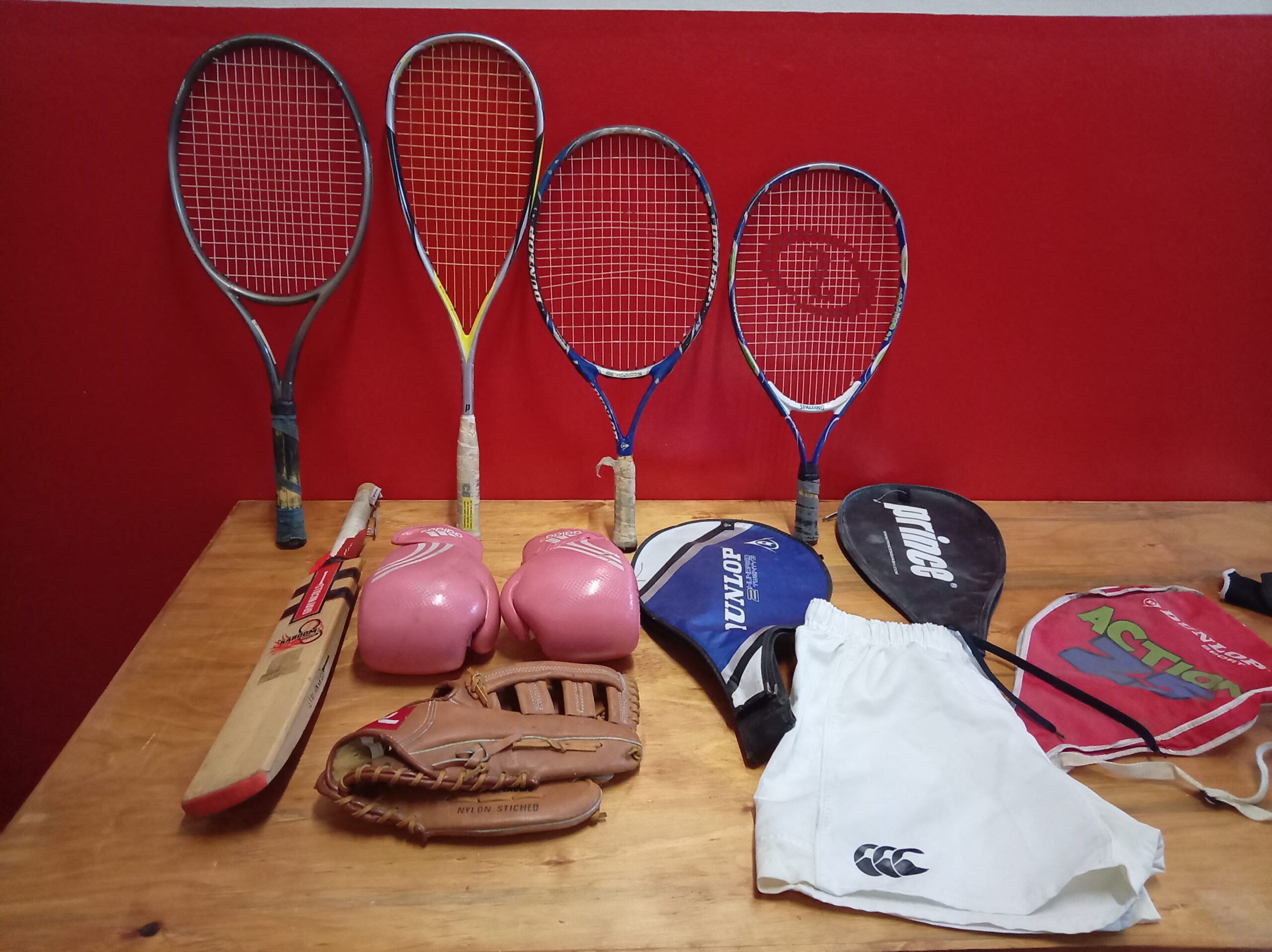 Joblot of Mixed Used Sports Equipment – Rackets, Cricket Bat, Gloves & Shorts