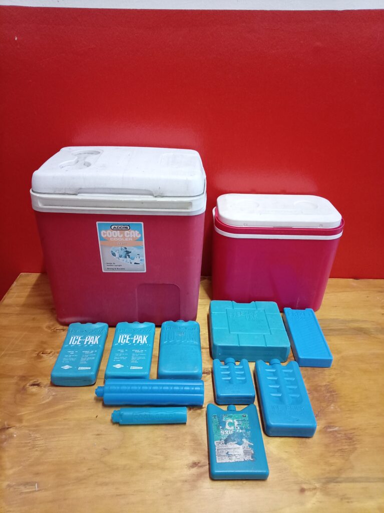 Bundle: 2 Pink Cooler Boxes (one 26L) with ~10 Ice Bricks