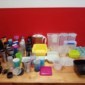 Mixed Lot of ~35–45 Plastic Food Containers, Travel Mugs & Lids