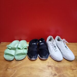 Lot of 3 Pairs of Footwear – Mint-Green Slides, Black Slip-Ons, White Lace-Up Sneakers