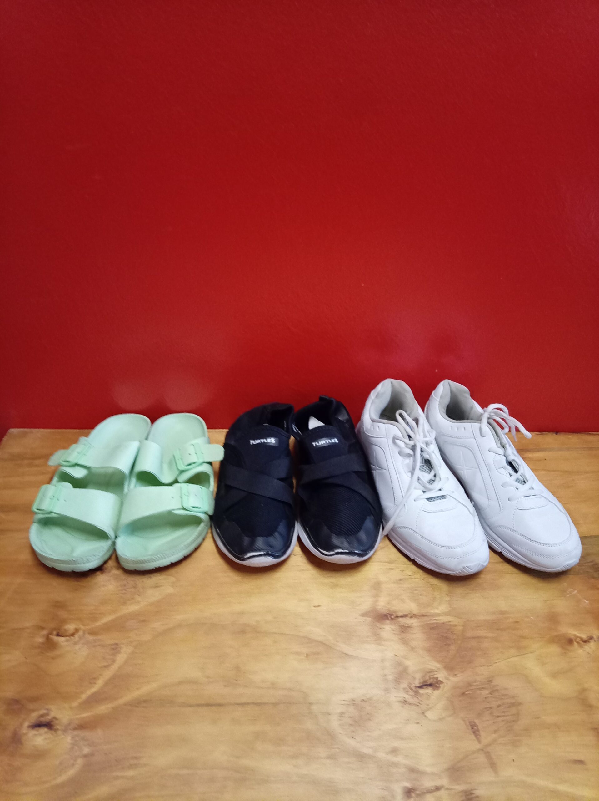 Lot of 3 Pairs of Footwear – Mint-Green Slides, Black Slip-Ons, White Lace-Up Sneakers