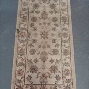 Beige/Tan Floral Machine-Made Runner Rug 1.2m x 55cm — Used, Stains & Border Wear