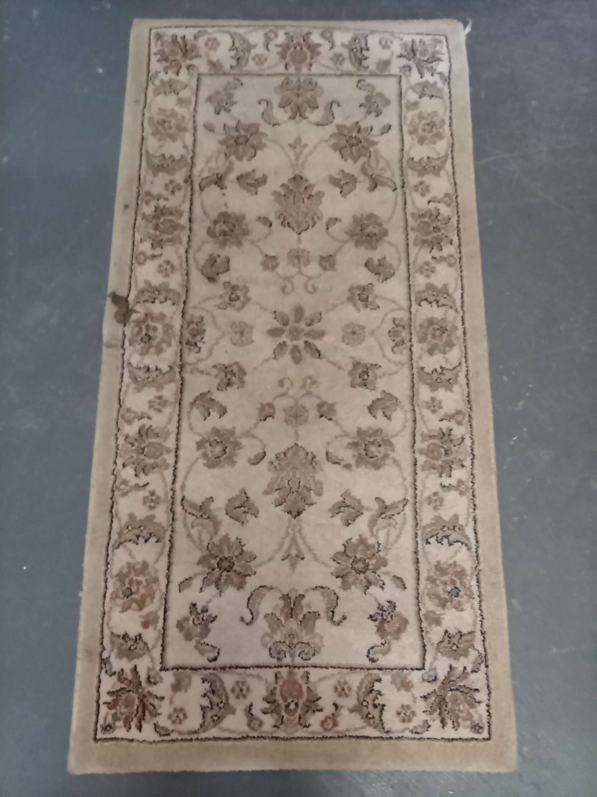 Beige/Tan Floral Machine-Made Runner Rug 1.2m x 55cm — Used, Stains & Border Wear