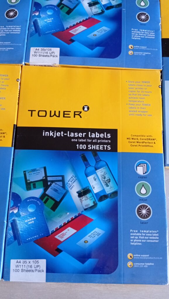 4 Packs Tower Inkjet-Laser Labels A4 35x105mm W111 (16UP) – 100 Sheets/Pack, Brand New