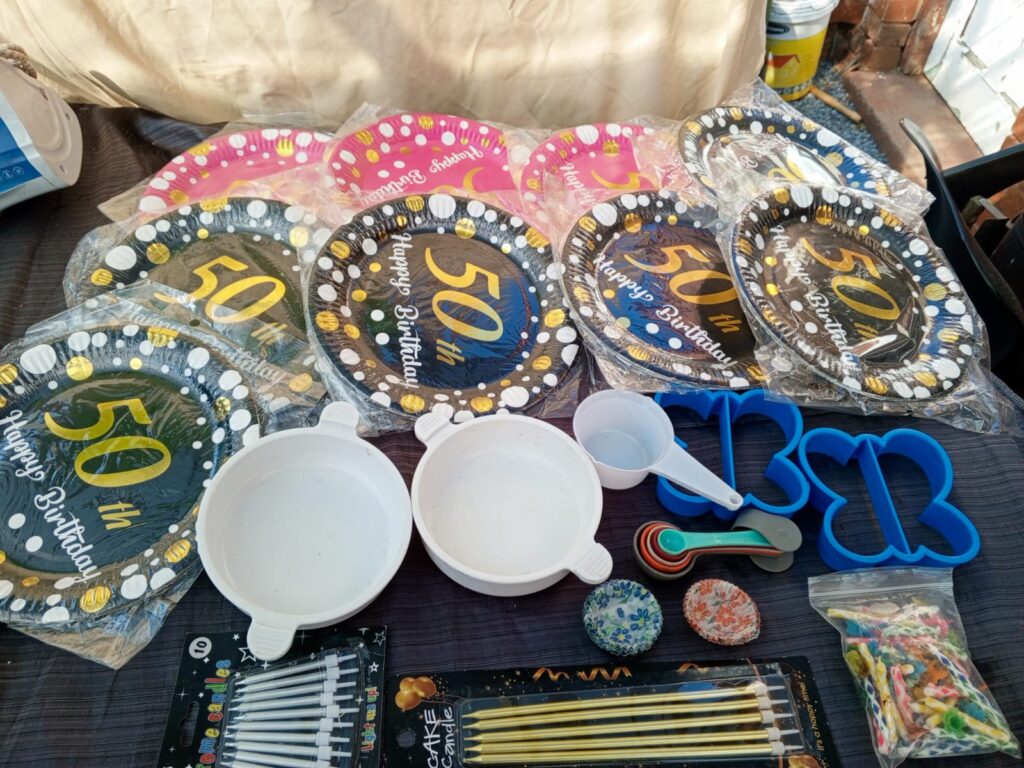 Mixed Party Supplies Lot – ’50’ Paper Plates, Candles, Liners, Cutters & Utensils (20–30pcs)