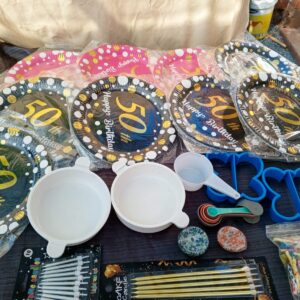 Mixed Party Supplies Lot – '50' Paper Plates, Candles, Liners, Cutters & Utensils (20–30pcs)