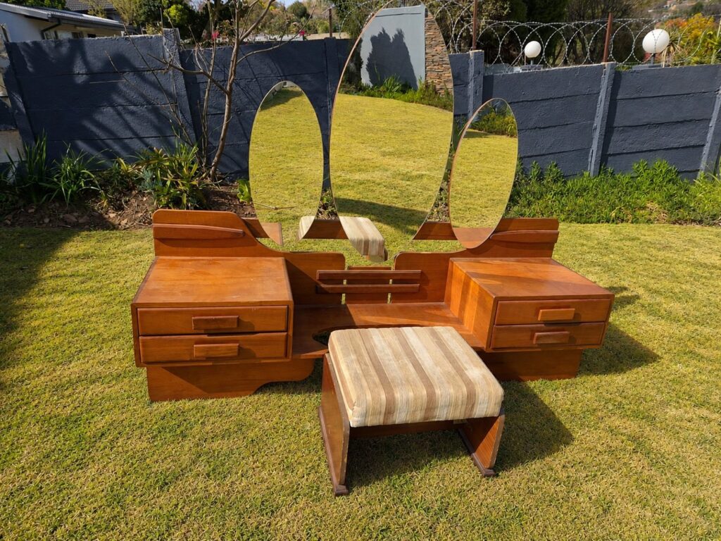 Vintage Solid Wooden Dressing Table / Vanity with Triple Oval Mirrors + Stool