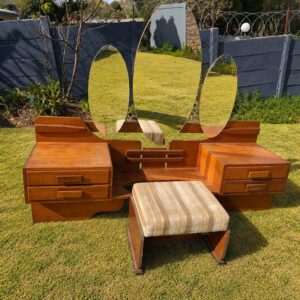 Vintage Solid Wooden Dressing Table / Vanity with Triple Oval Mirrors + Stool