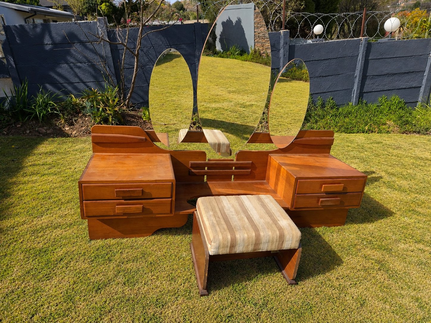 Vintage Solid Wooden Dressing Table / Vanity with Triple Oval Mirrors + Stool