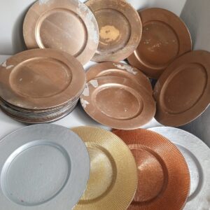 Set of 29 Assorted Charger Plates / Underplates (majority brown; some metallic)