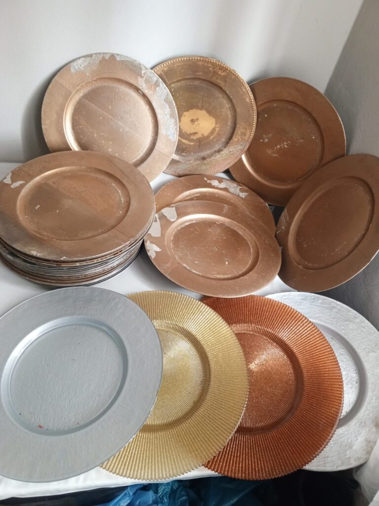 Set of 29 Assorted Charger Plates / Underplates (majority brown; some metallic)