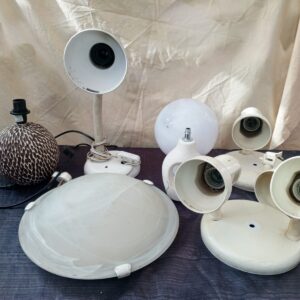 Lot of 6 Lamps & Light Fittings — mixed table/ceiling shades, bases and globe