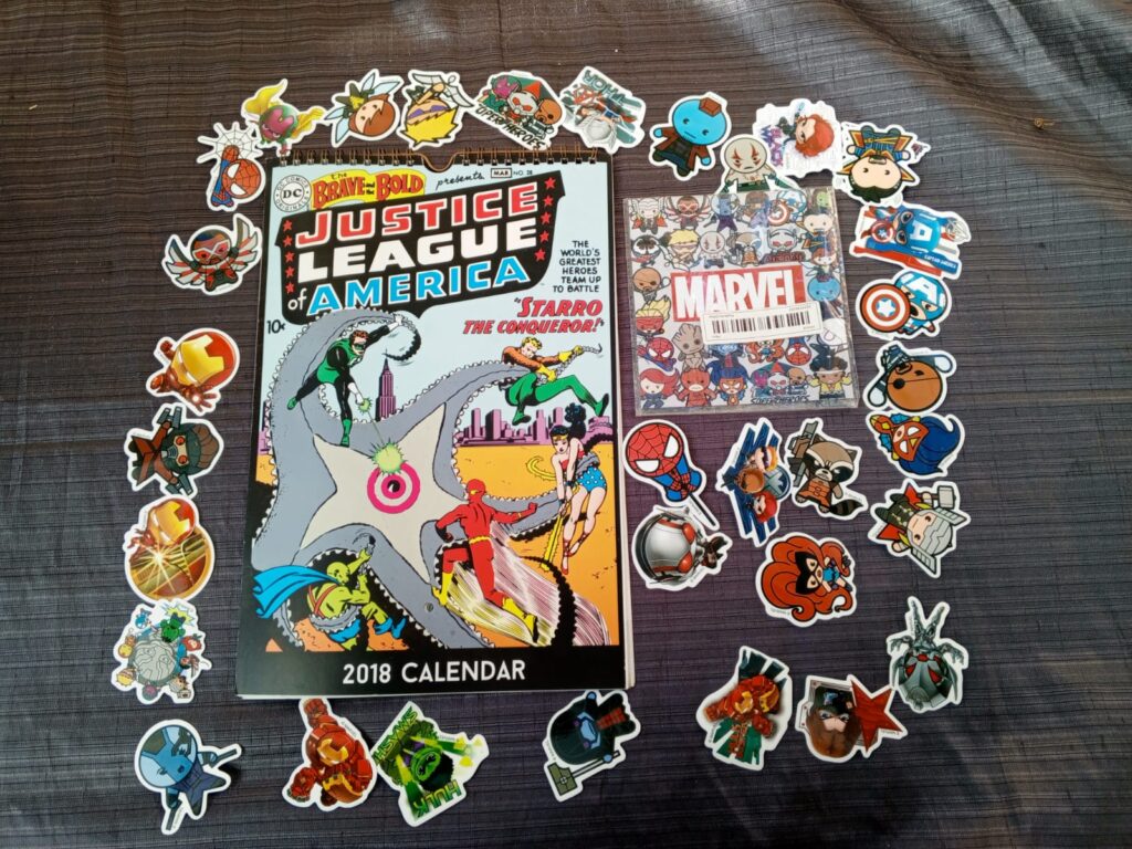 DC Justice League 2018 Wall Calendar + Assorted Marvel Stickers (Bundle)