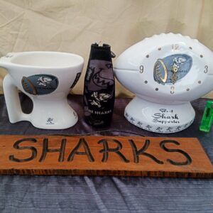 Sharks memorabilia bundle – ceramic clock, cooler, wooden sign & more (5 items)