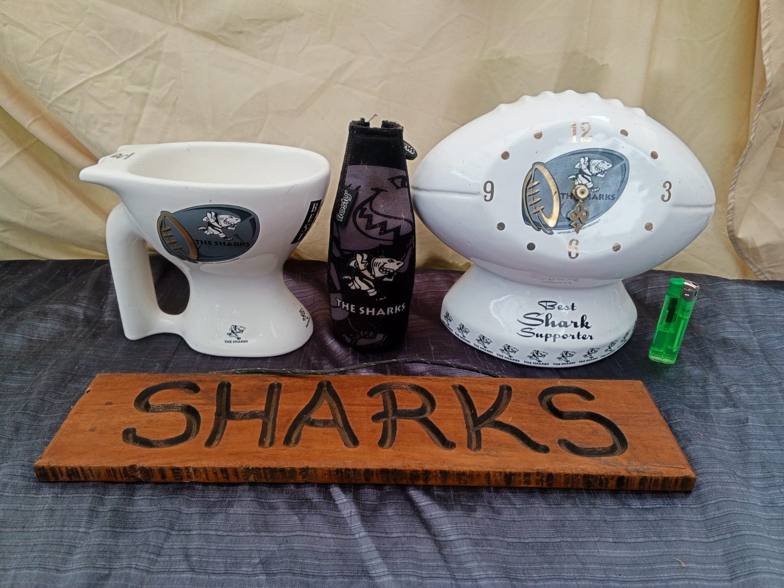 Sharks memorabilia bundle – ceramic clock, cooler, wooden sign & more (5 items)