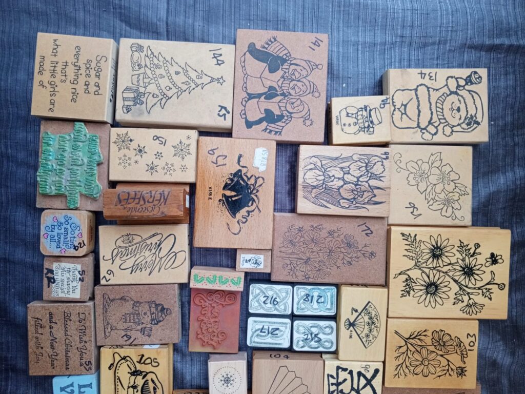 Joblot of 61 Wood-Mounted Rubber Stamps – Assorted Designs, Used Craft Lot
