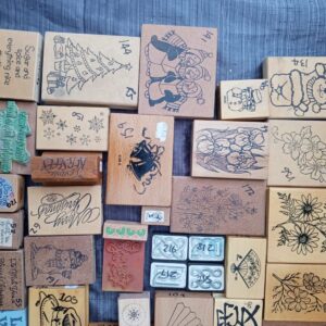 Joblot of 61 Wood-Mounted Rubber Stamps – Assorted Designs, Used Craft Lot