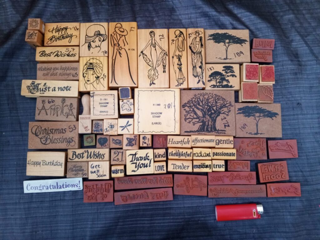 Job Lot of Wooden-Mounted Rubber Stamps — 68 Stamps (Seller-Confirmed)