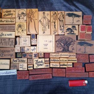 Job Lot of Wooden-Mounted Rubber Stamps — 68 Stamps (Seller-Confirmed)