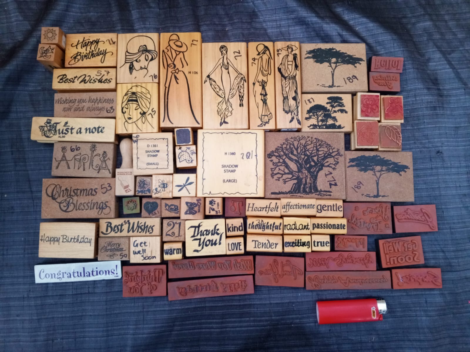 Job Lot of Wooden-Mounted Rubber Stamps — 68 Stamps (Seller-Confirmed)