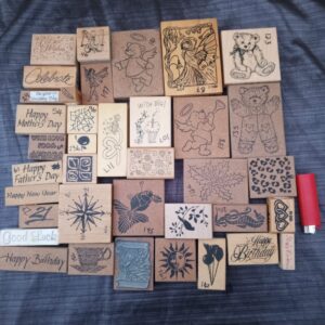 Lot of 37 Wooden-Mounted Rubber Stamps — Assorted Designs, Used Craft Supply