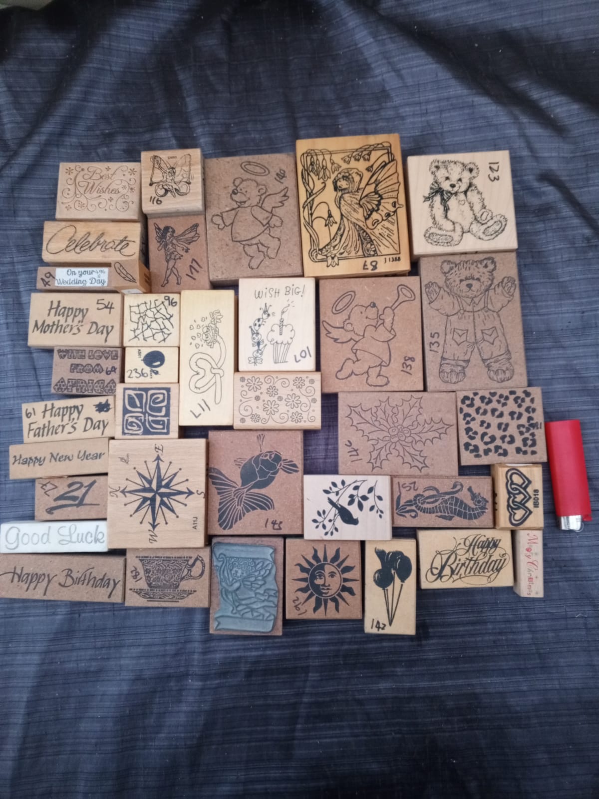 Lot of 37 Wooden-Mounted Rubber Stamps — Assorted Designs, Used Craft Supply