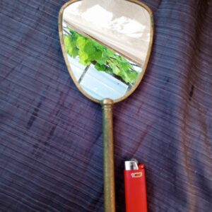Vintage Hand Mirror with Patinated Green/Gold Frame and Patterned Back