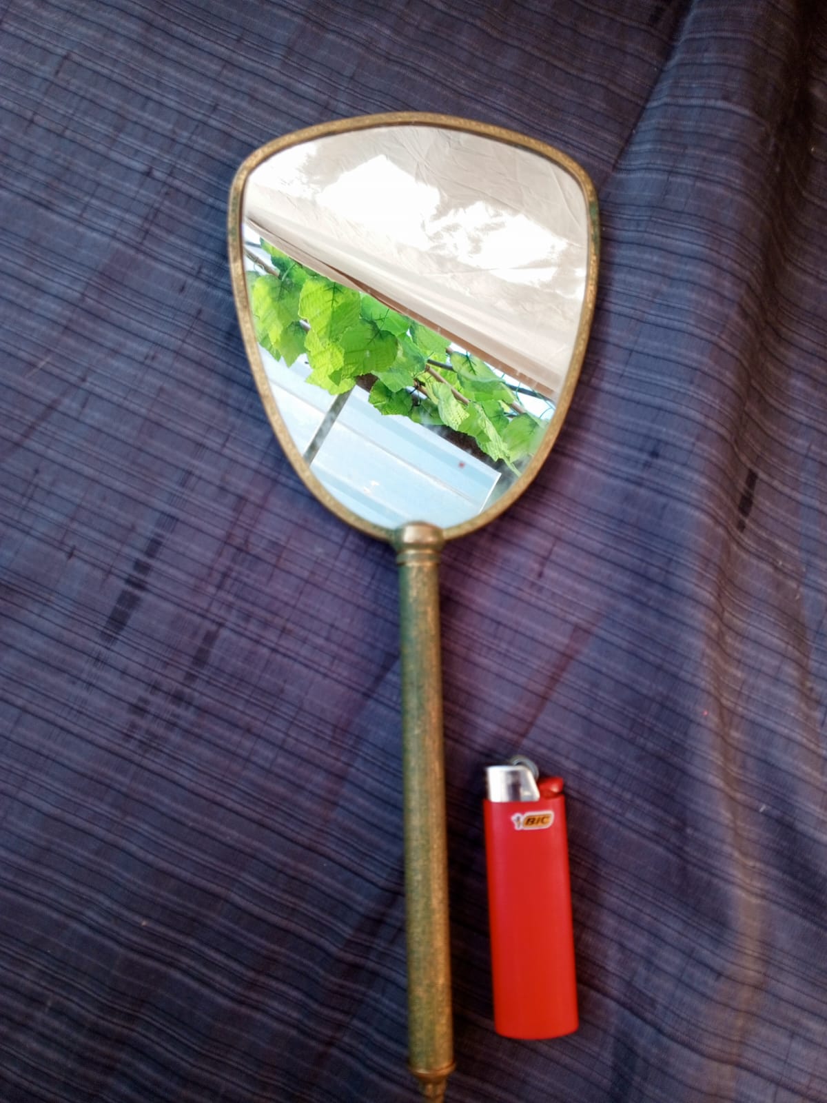 Vintage Hand Mirror with Patinated Green/Gold Frame and Patterned Back