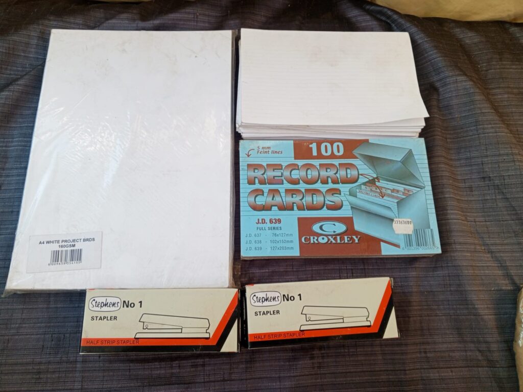 Stationery bundle: A4 project boards, Croxley record cards & 3 Stephens No 1 staplers
