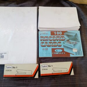 Stationery bundle: A4 project boards, Croxley record cards & 3 Stephens No 1 staplers