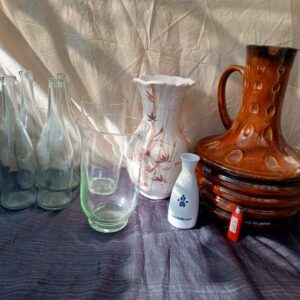Mixed lot of 8 vases & bottles — decorative glass and ceramics, some chips/cracks