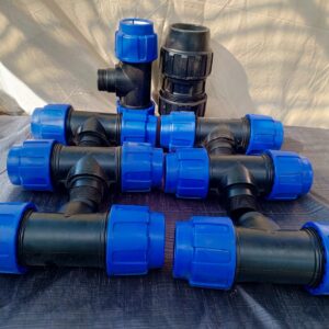 Set of 8 Black T Pipe Fittings with Blue Compression Nuts (embossed '63-2')