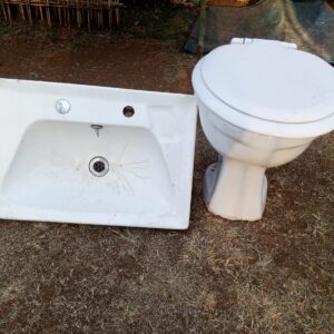 Used Toilet Bowl with Seat & Separate Basin – 2-piece bathroom fixture set, white