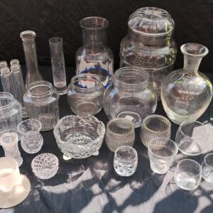 Job Lot: Assorted Clear Glass Vases, Jars & Small Glassware (Approx. 24pcs)